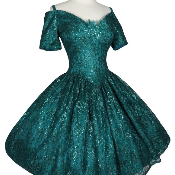 Vintage 80s Gunne Sax Green Metallic Lurex Floral Lace Full Skirt Prom Dress S - Picture 3 of 12